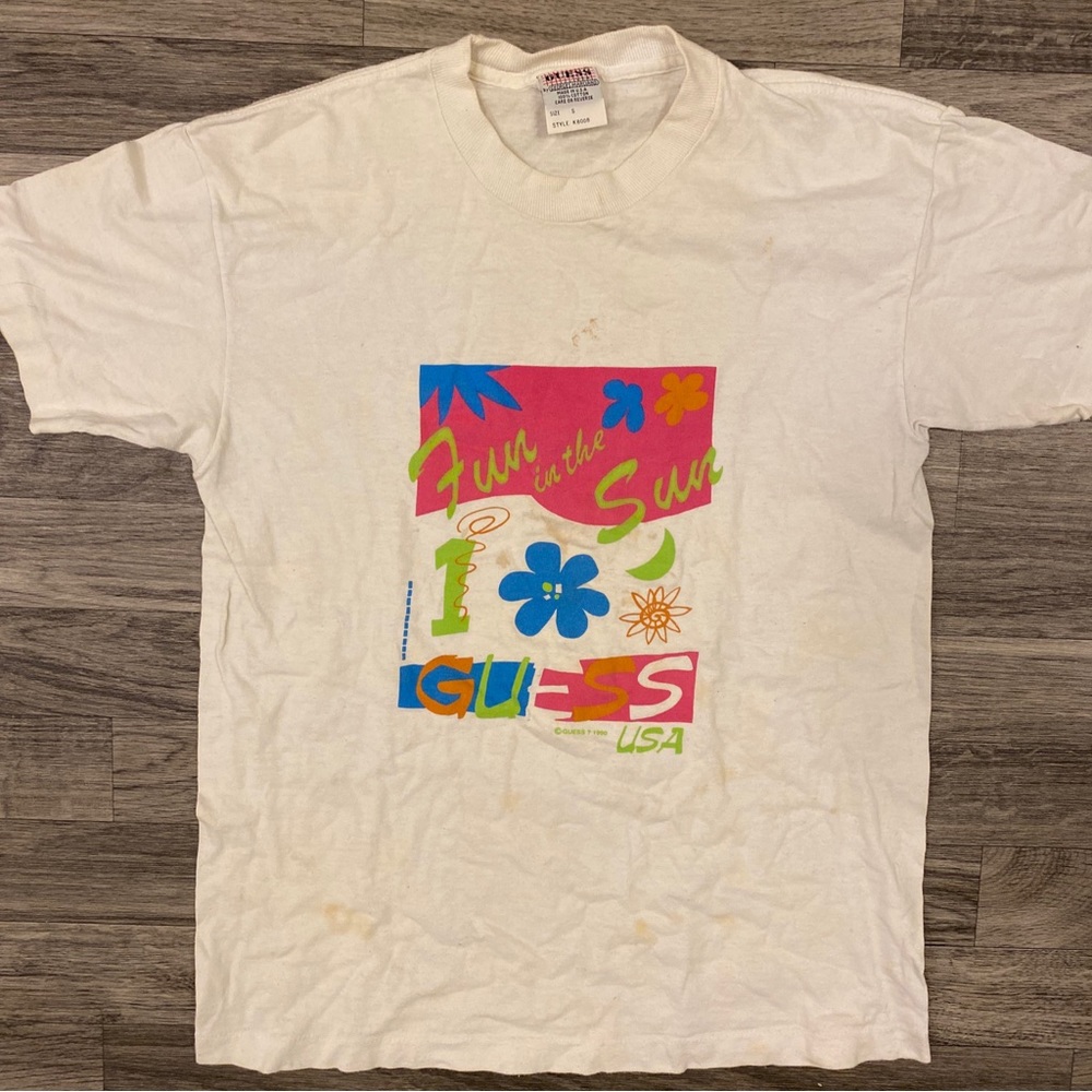 ‘90 VTG Guess T-Shirt S Measurement USA Made Single Stitch White